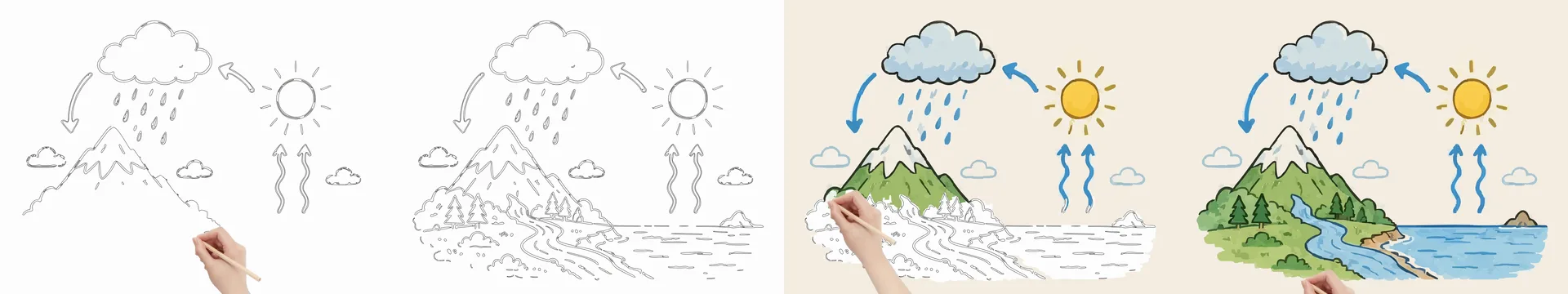 A1D: four frames of the uploaded water-cycle picture, line art drawn from the top down, then coloured from the top down