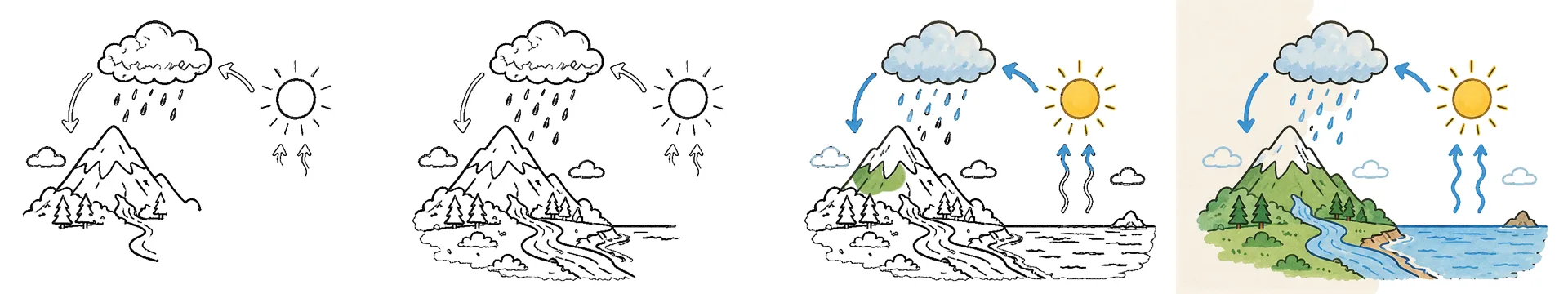 WhiteboardAnimation.ai: four frames of the same picture, outlines drawn first, then coloured